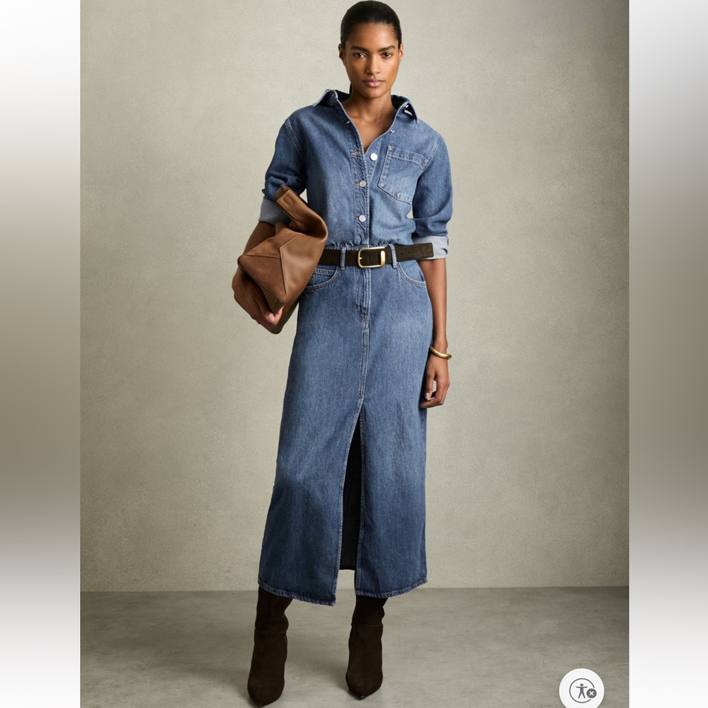 NWT Reiss Terra Petite Denim Button-Through Midi Denim Dress Size 14 Petite